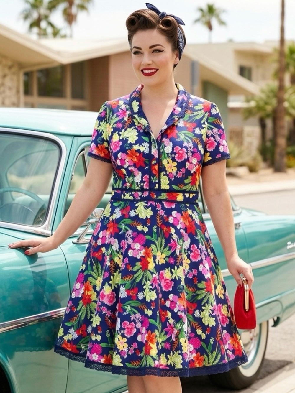Lindy Bop Caru Dress Navy Floral Tropical Rockabilly Pinup Fit & Flare Lace 12